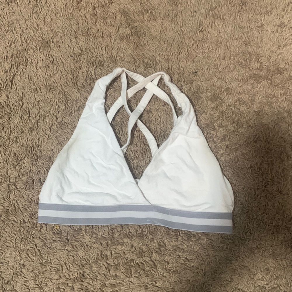 White cross-back sports bra, no padding included